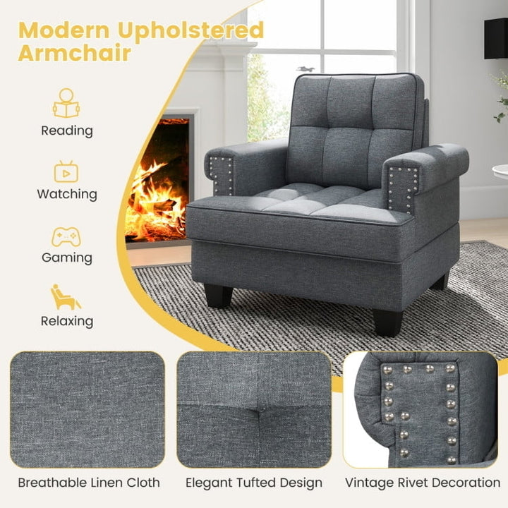 Hommoo Mid-century Modern Accent Armchair Tufted Linen Club Chair-Gray, Modern Mid-Century Upholstered Living Room Chair Image 4