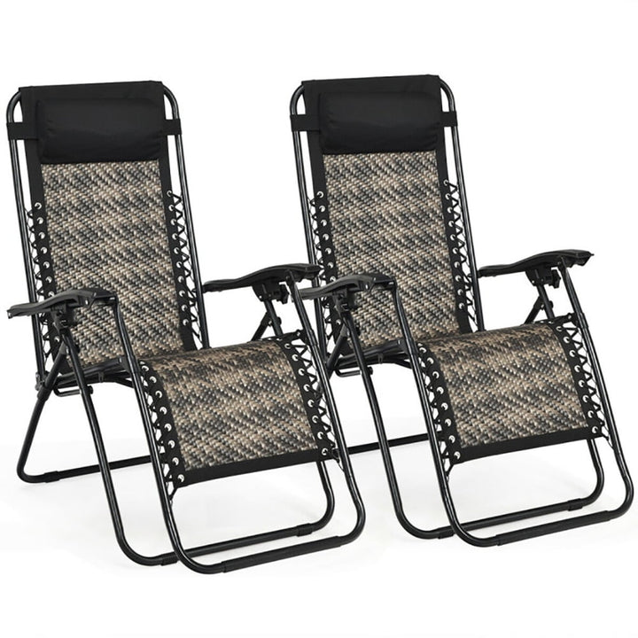 Hommoo 2 Pieces Folding Patio Rattan Zero Gravity Lounge Chair-Gray, Zero Gravity Lawn Lounge Chairs with Cup Holder Image 1