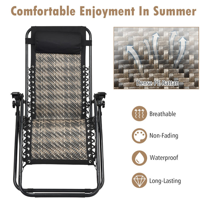 Hommoo 2 Pieces Folding Patio Rattan Zero Gravity Lounge Chair-Gray, Zero Gravity Lawn Lounge Chairs with Cup Holder Image 4