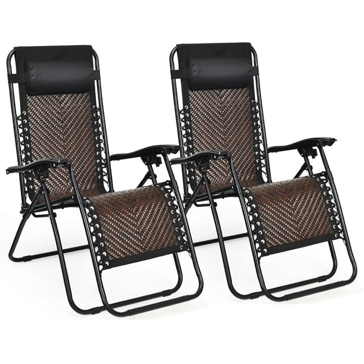 Hommoo 2 Pieces Folding Patio Rattan Zero Gravity Lounge Chair-Light Brown, Zero Gravity Lawn Lounge Chairs with Cup Image 3