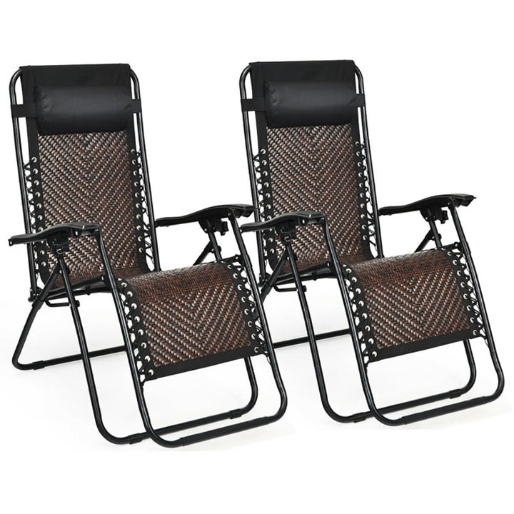 Hommoo 2 Pieces Folding Patio Rattan Zero Gravity Lounge Chair-Light Brown, Zero Gravity Lawn Lounge Chairs with Cup Image 5