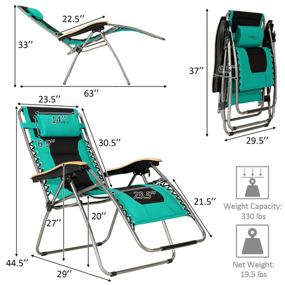 Hommoo Oversize Folding Adjustable Padded Zero Gravity Lounge Chair-Turquoise, Zero Gravity Lawn Lounge Chairs with Cup Image 2