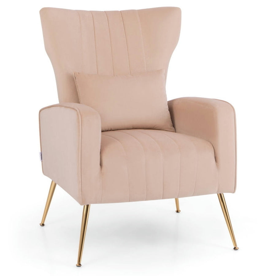 Hommoo Velvet Upholstered Wingback Chair with Lumbar Pillow and Golden Metal Legs-Pink, Modern Mid-Century Upholstered Image 1