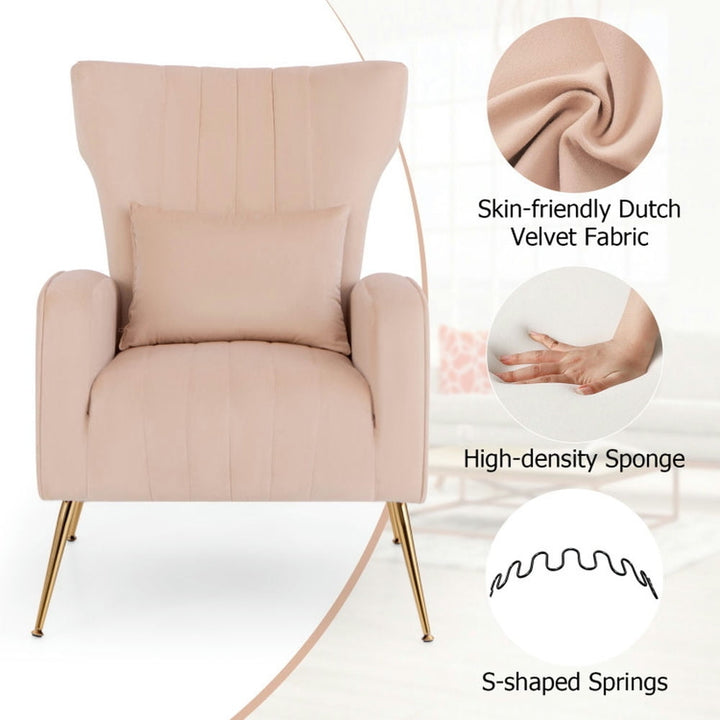 Hommoo Velvet Upholstered Wingback Chair with Lumbar Pillow and Golden Metal Legs-Pink, Modern Mid-Century Upholstered Image 2