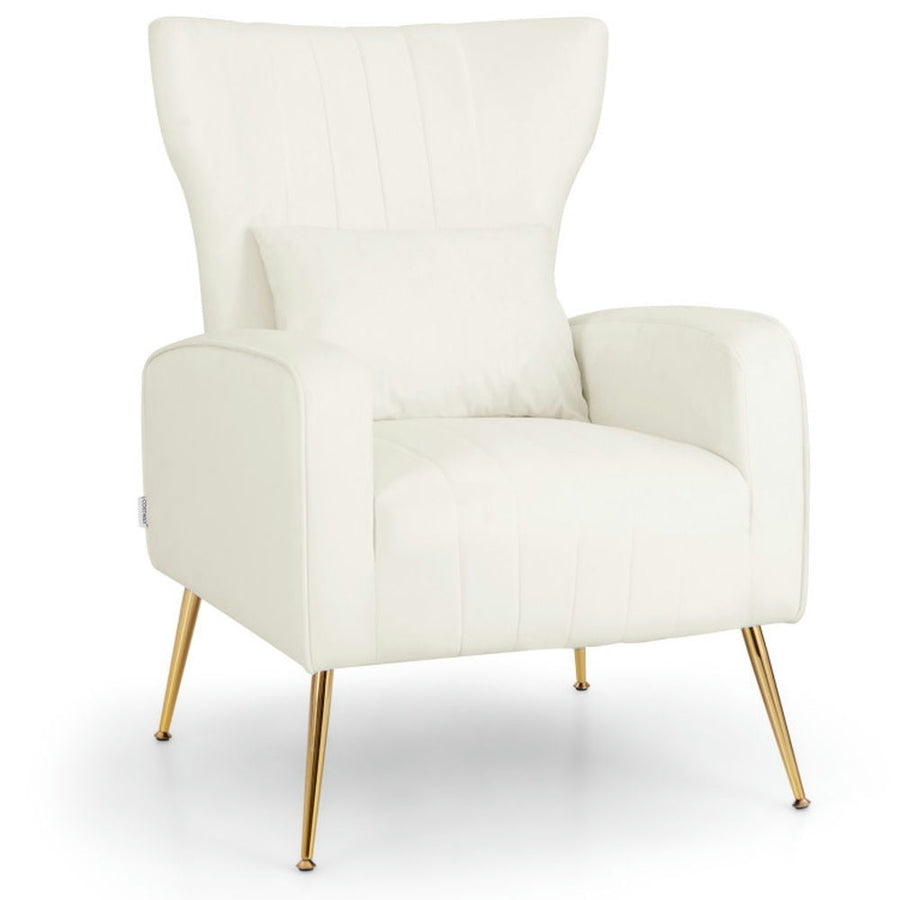 Hommoo Velvet Upholstered Wingback Chair with Lumbar Pillow and Golden Metal Legs-White, Modern Mid-Century Upholstered Image 1