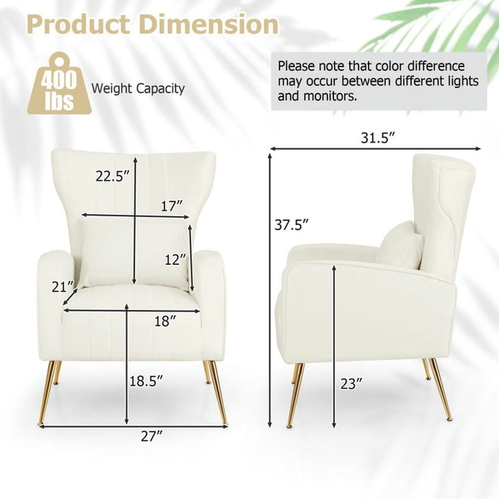 Hommoo Velvet Upholstered Wingback Chair with Lumbar Pillow and Golden Metal Legs-White, Modern Mid-Century Upholstered Image 2