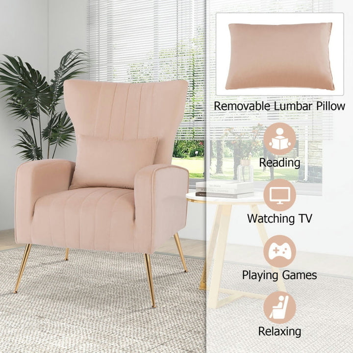 Hommoo Velvet Upholstered Wingback Chair with Lumbar Pillow and Golden Metal Legs-Pink, Modern Mid-Century Upholstered Image 3