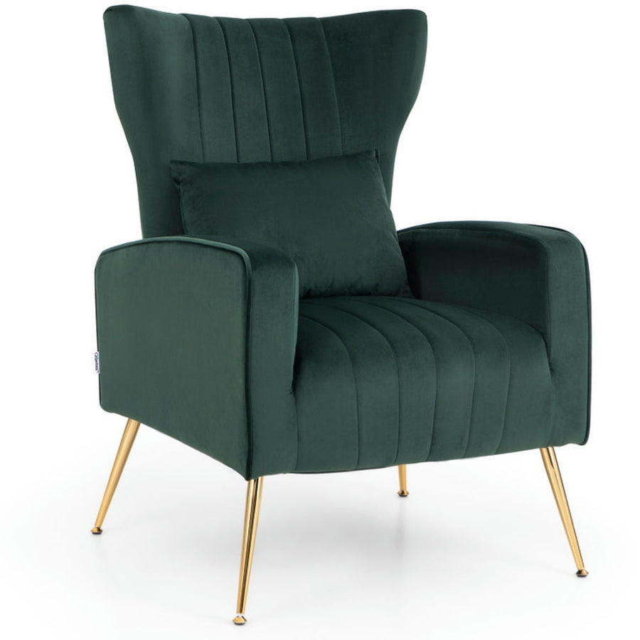 Hommoo Velvet Upholstered Wingback Chair with Lumbar Pillow and Golden Metal Legs-Turquoise Image 1