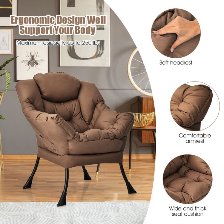 Hommoo Modern Polyester Fabric Lazy Chair with Steel Frame and Side Pocket-Brown, Modern Mid-Century Upholstered Living Image 2