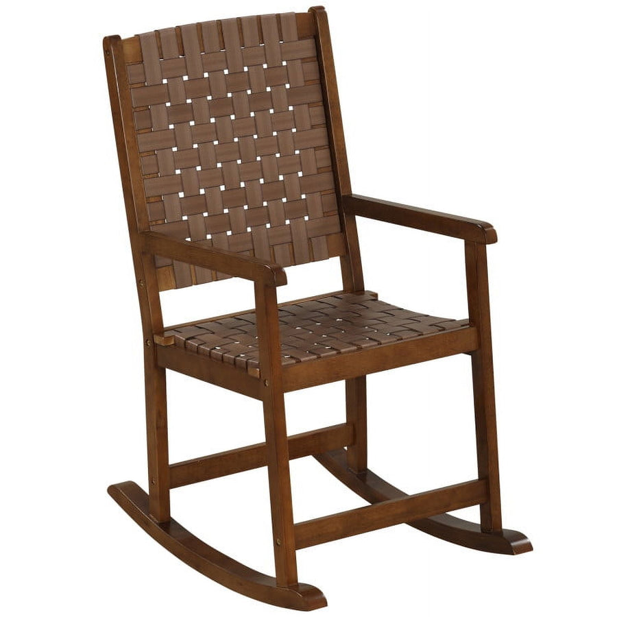 Hommoo Patio Wood Rocking Chair with PU Seat and Rubber Wood Frame, Outdoor Glider Rocking Chair Cushion Lawn, Brown Image 1