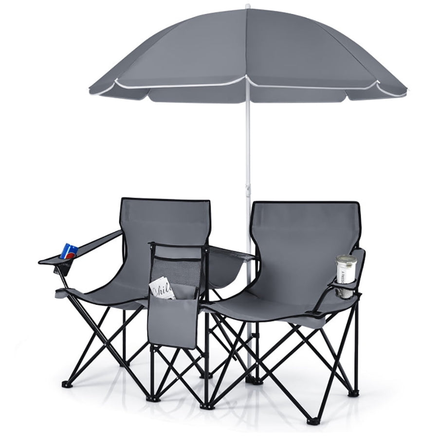 Hommoo Portable Folding Picnic Double Chair With Umbrella-Gray Portable Folding Picnic Chair for Beach, Camping Image 1