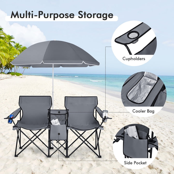 Hommoo Portable Folding Picnic Double Chair With Umbrella-Gray Portable Folding Picnic Chair for Beach, Camping Image 3