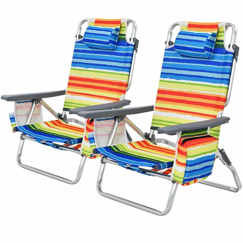 Hommoo 2-Pack Folding Backpack Beach Chair 5-Position Outdoor Reclining Chairs with Pillow-Yellow Image 1