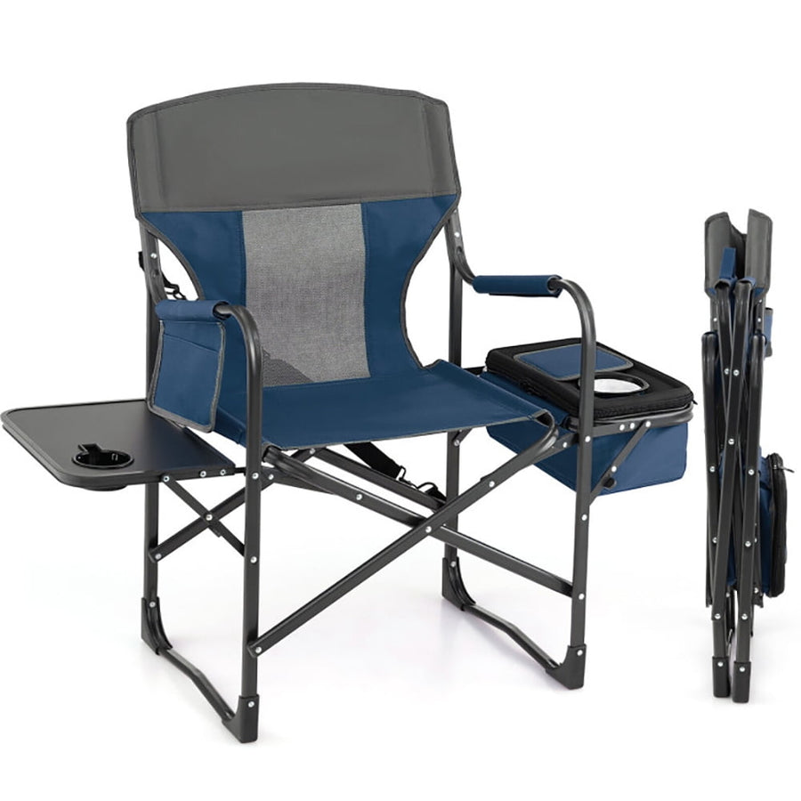 Hommoo Folding Camping Directors Chair with Cooler Bag and Side Table-Blue, Camping Chairs for Adult Hiking Fishing Image 1