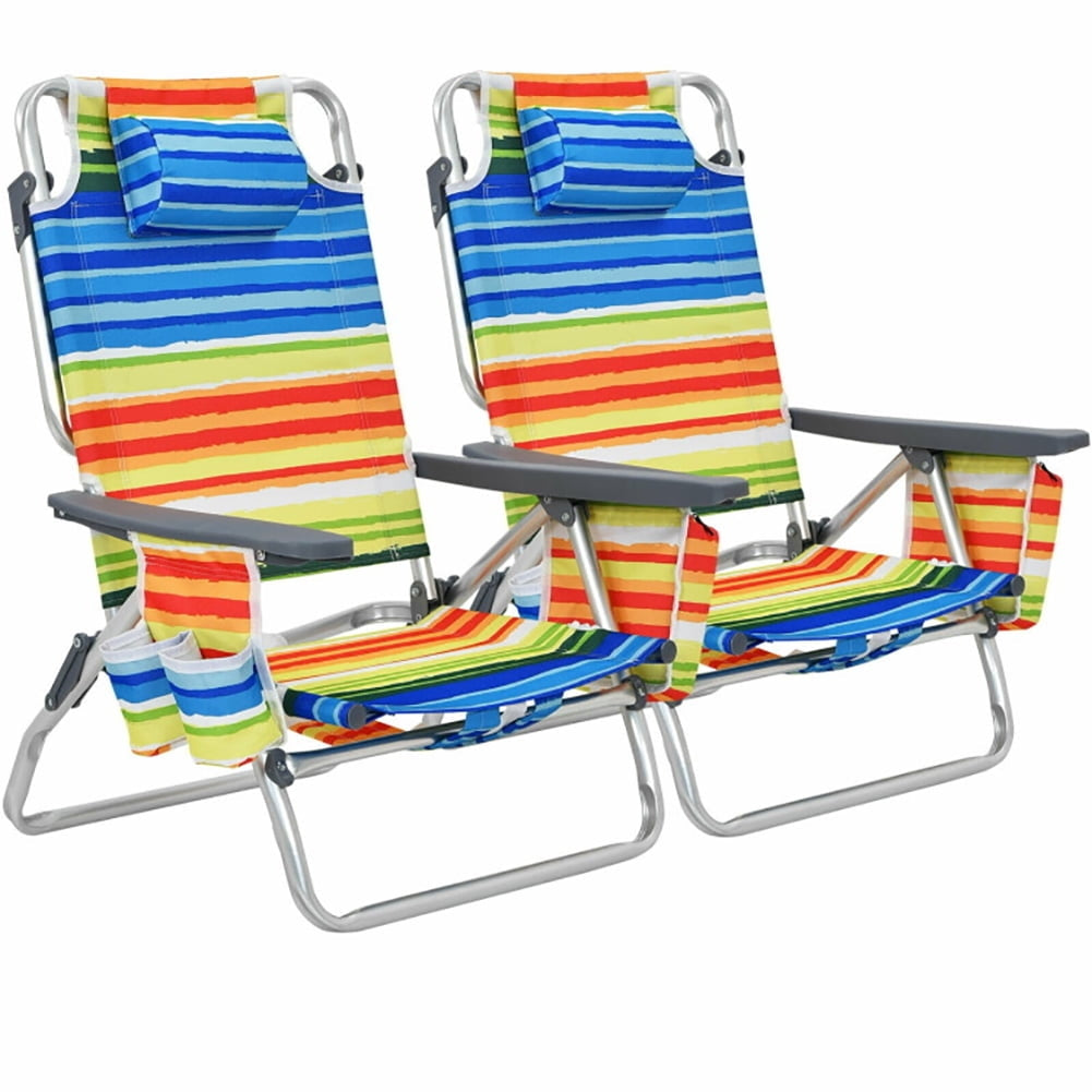 Hommoo 2-Pack Folding Backpack Beach Chair 5-Position Outdoor Reclining Chairs with Pillow-Yellow Image 4