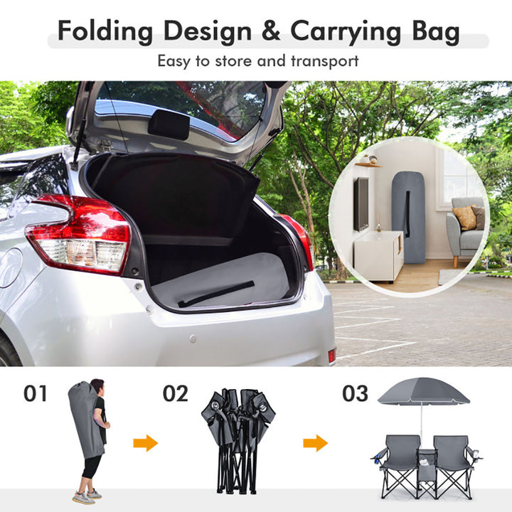 Hommoo Portable Folding Picnic Double Chair With Umbrella-Gray Portable Folding Picnic Chair for Beach, Camping Image 4