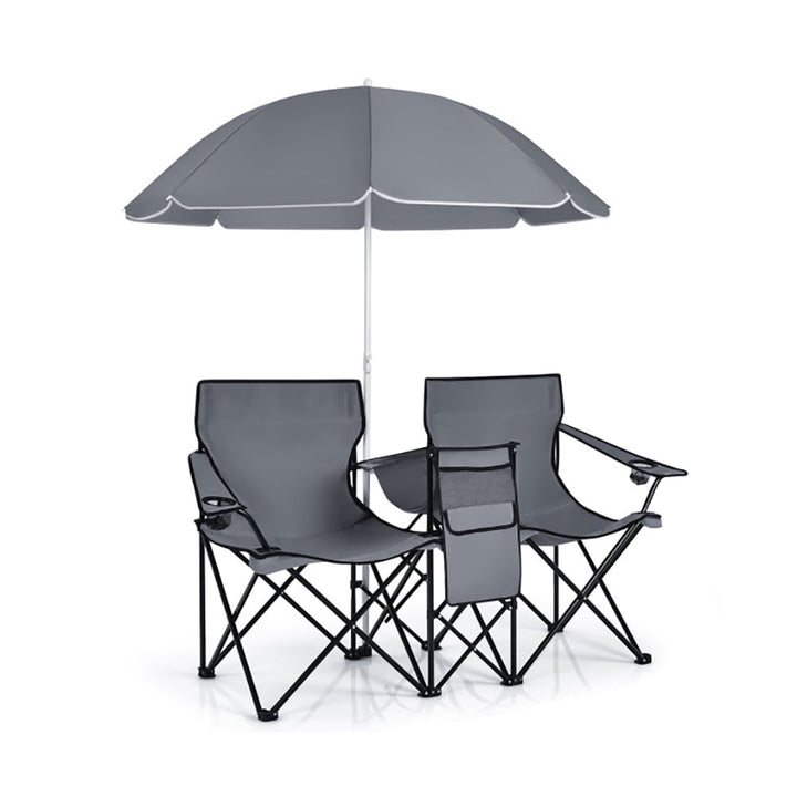 Hommoo Portable Folding Picnic Double Chair With Umbrella-Gray Portable Folding Picnic Chair for Beach, Camping Image 5