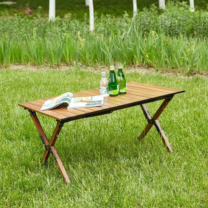 Hommoo 1-piece Folding Outdoor Table,Lightweight Aluminum Roll-up Rectangular Table for indoor, Outdoor Camping, Brown Image 5