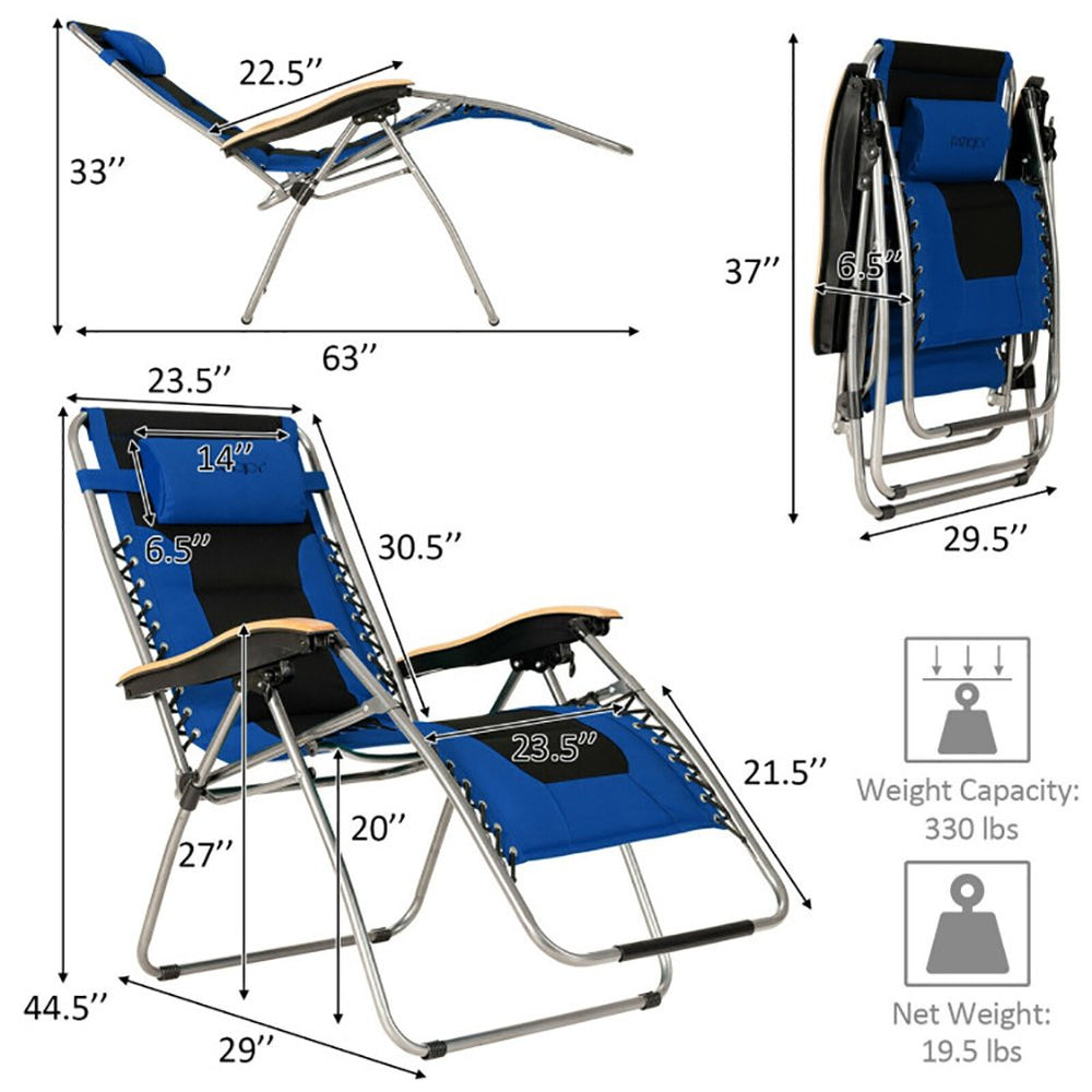 Hommoo Oversize Folding Adjustable Padded Zero Gravity Lounge Chair-Blue, Zero Gravity Lawn Lounge Chairs with Cup Image 2