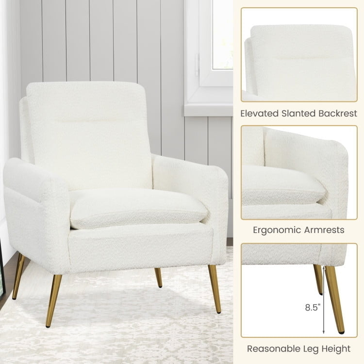 Hommoo Upholstered Sherpa Modern Accent Armchair, Fabric Lazy Chair Large Accent Chair, White Image 1