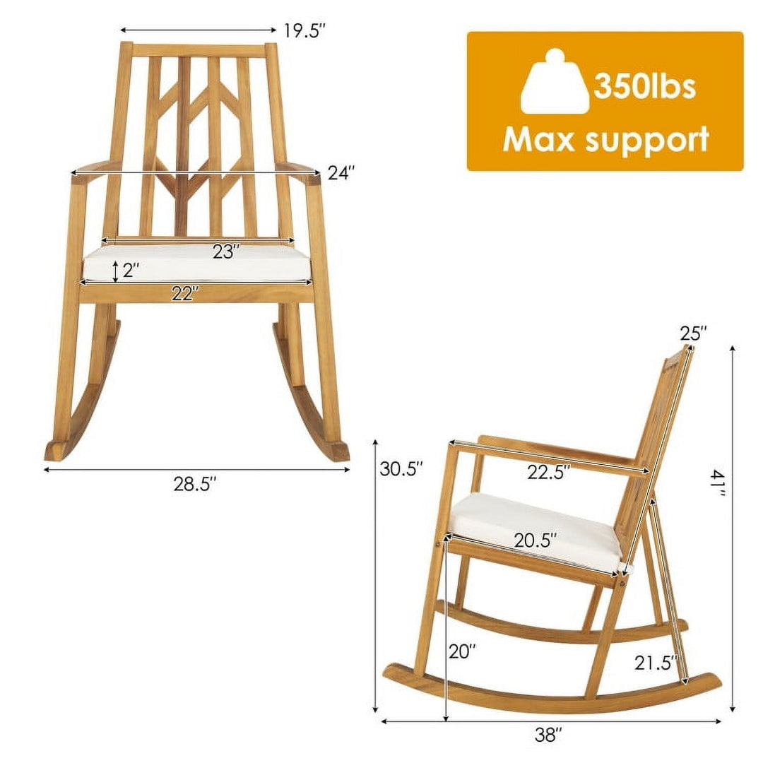 Hommoo Patio Acacia Wood Rocking Chair Sofa with Armrest and Cushion, Outdoor Glider Rocking Chair Cushion Lawn, White Image 3