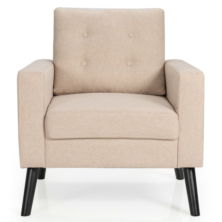 Hommoo Mid-Century Upholstered Armchair Club Chair with Rubber Wood Legs, Fabric Lazy Chair Large Accent Chair, Beige Image 2