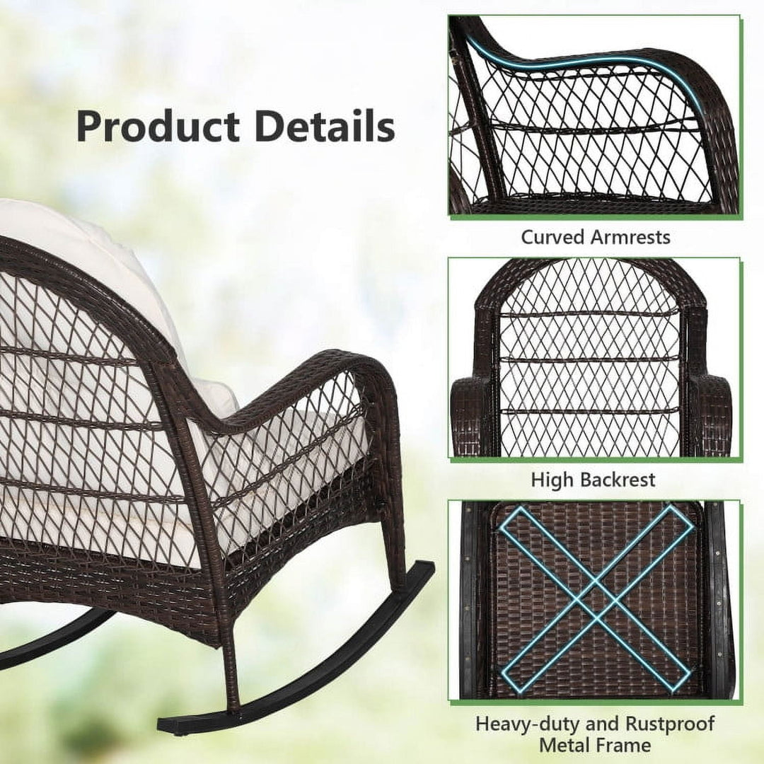 Hommoo Patio Rattan Rocking Chair with Seat Back Cushions and Waist Pillow, Outdoor Glider Rocking Chair Cushion Lawn, Image 6