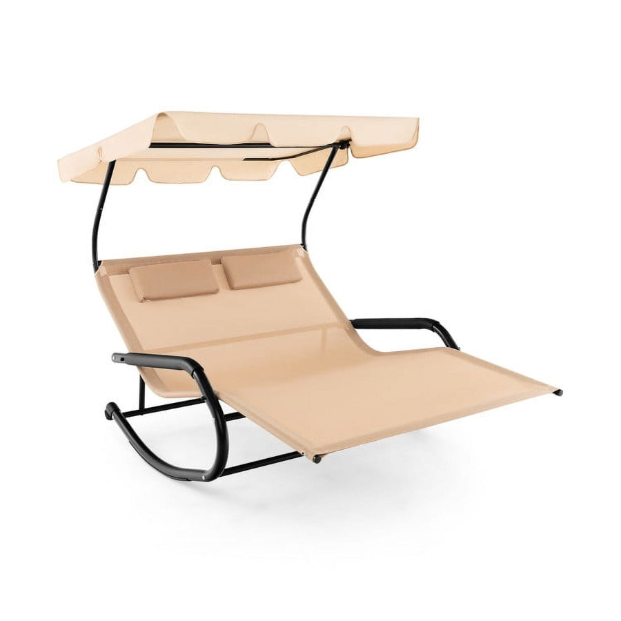 Hommoo Outdoor 2 Persons Rocking Chaise Lounge with Canopy and Wheels, Outdoor Glider Rocking Chair Cushion Lawn, Beige Image 1