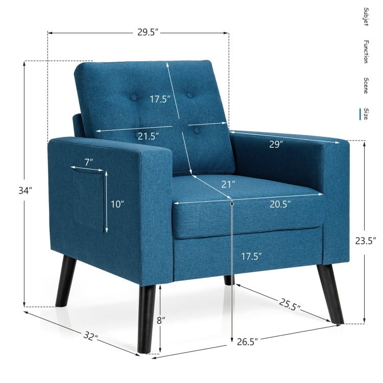 Hommoo Mid-Century Upholstered Armchair Club Chair with Rubber Wood Legs, Fabric Lazy Chair Large Accent Chair, Blue Image 1