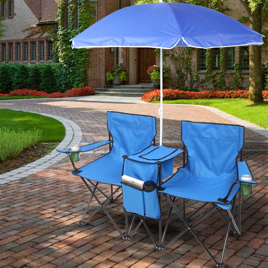 Hommoo 2pcs Portable Camping Folding Chair with Removable Anti-UV Umbrella and Carrying Bag, Blue Image 1