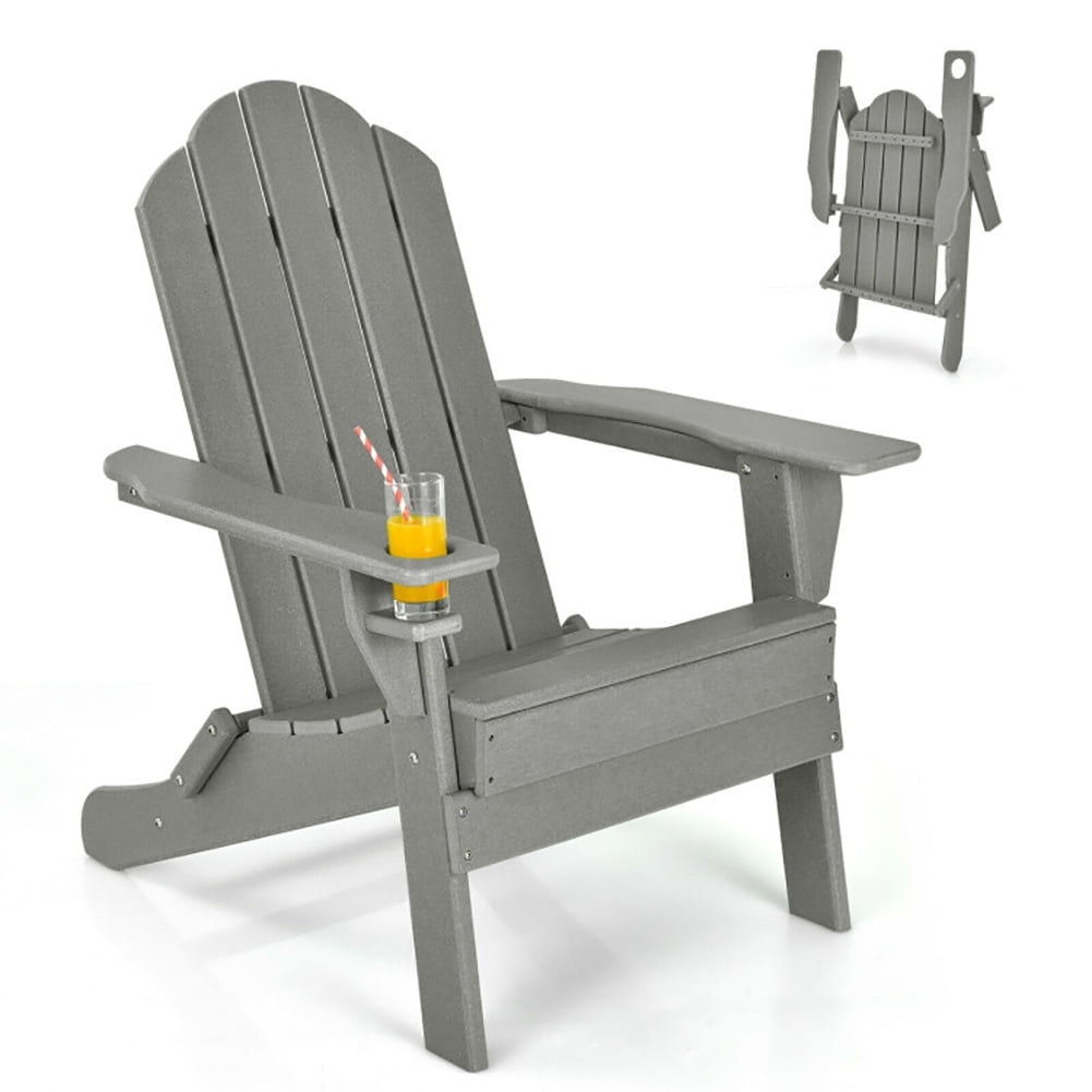 Hommoo Folding Adirondack Chair, Foldable Weather Resistant Patio Chair with Built-in Cup Holder-Gray Image 1