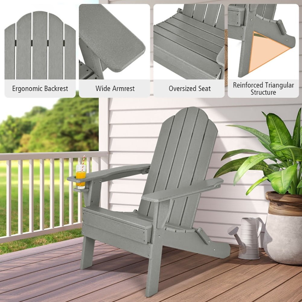 Hommoo Folding Adirondack Chair, Foldable Weather Resistant Patio Chair with Built-in Cup Holder-Gray Image 3