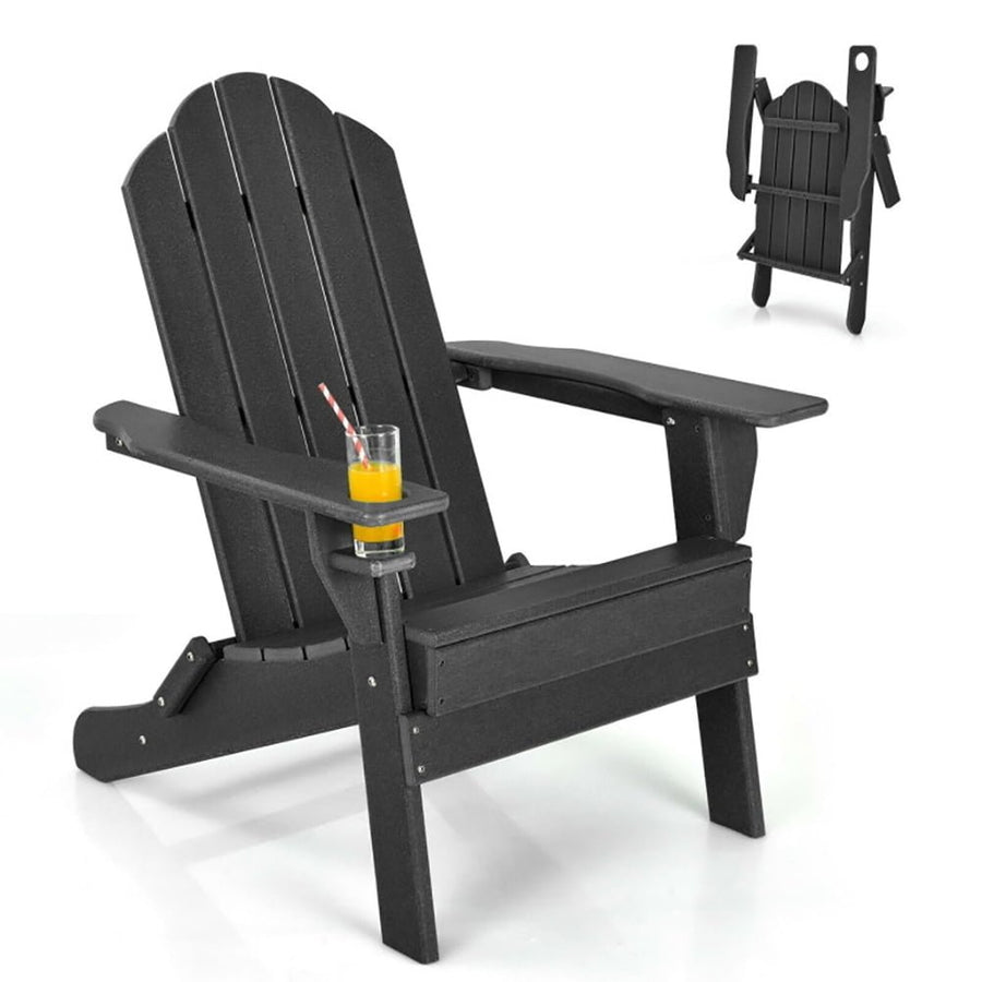 Hommoo Folding Adirondack Chair, Foldable Weather Resistant Patio Chair with Built-in Cup Holder-Black Image 1