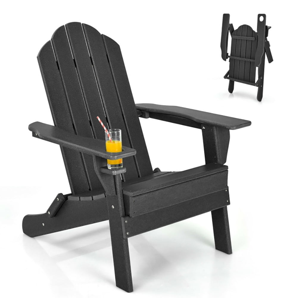 Hommoo Folding Adirondack Chair, Foldable Weather Resistant Patio Chair with Built-in Cup Holder-Black Image 1