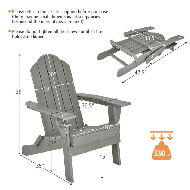 Hommoo Folding Adirondack Chair, Foldable Weather Resistant Patio Chair with Built-in Cup Holder-Gray Image 5