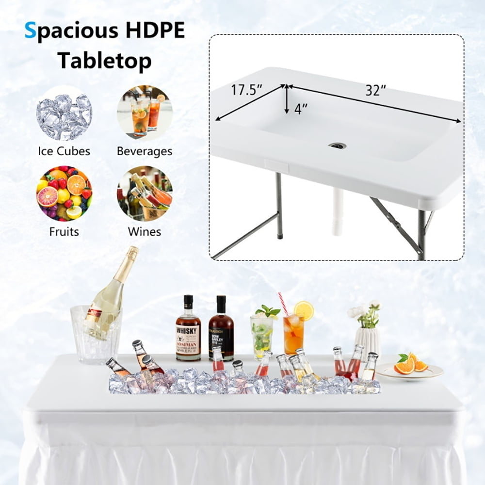 Hommoo 4 Feet Folding Ice Bin Table with Skirt for Camping Picnic Wedding-White,Folding Dining Table for Patio Pool Park Image 5