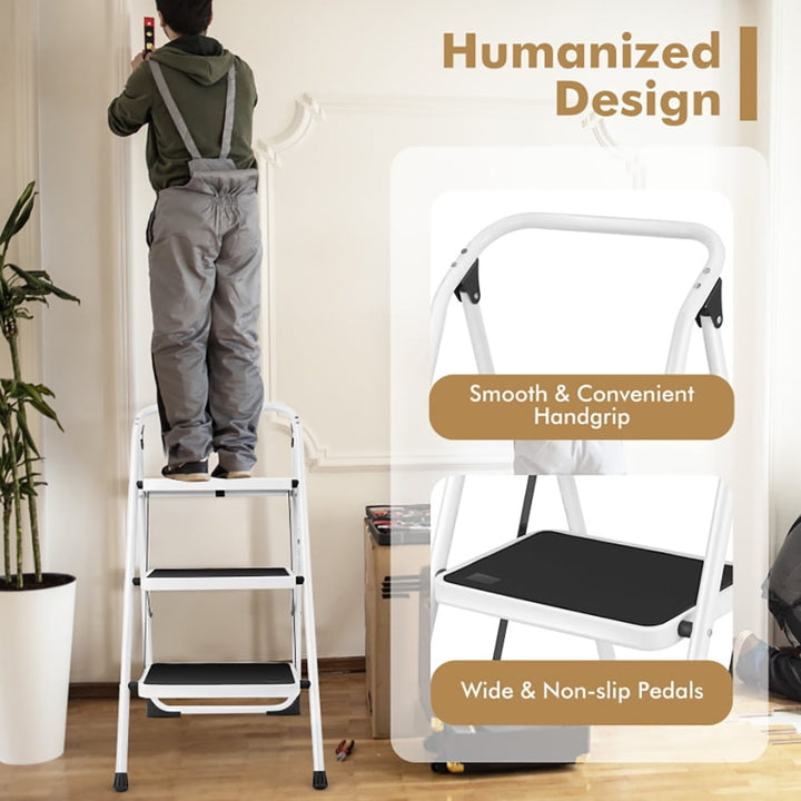 Hommoo Step Ladder, Folding Step Stool, Stepladders,Folding 3-Step Ladder with Handgrip and Anti-Slip Platform Image 4