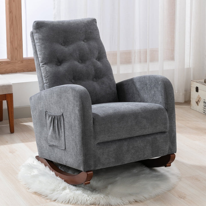 Hommoo Baby Room High Back Rocking Chair Nursery Chair, Comfortable Rocker Fabric Padded Seat, Gray Image 1