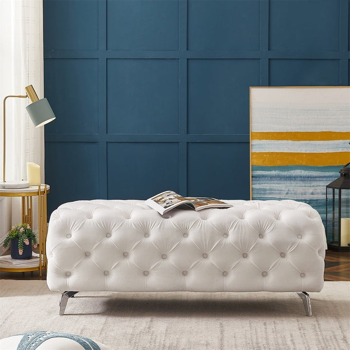 Hommoo 51" Luxury Velvet Upholstered Ottoman, Elegant Button Tufted End Bench - White Image 1