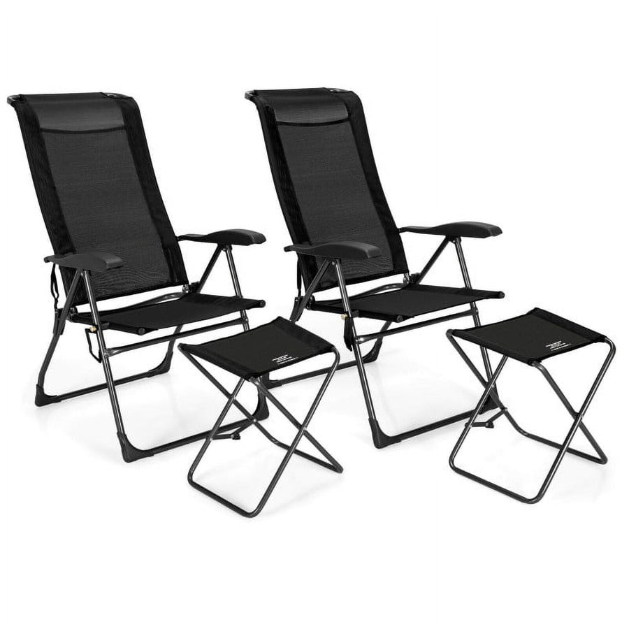 Hommoo 4 Pieces Patio Adjustable Back Folding Dining Chair Ottoman Set-Black, Outdoor Dining Chair for Outside Patio Image 1