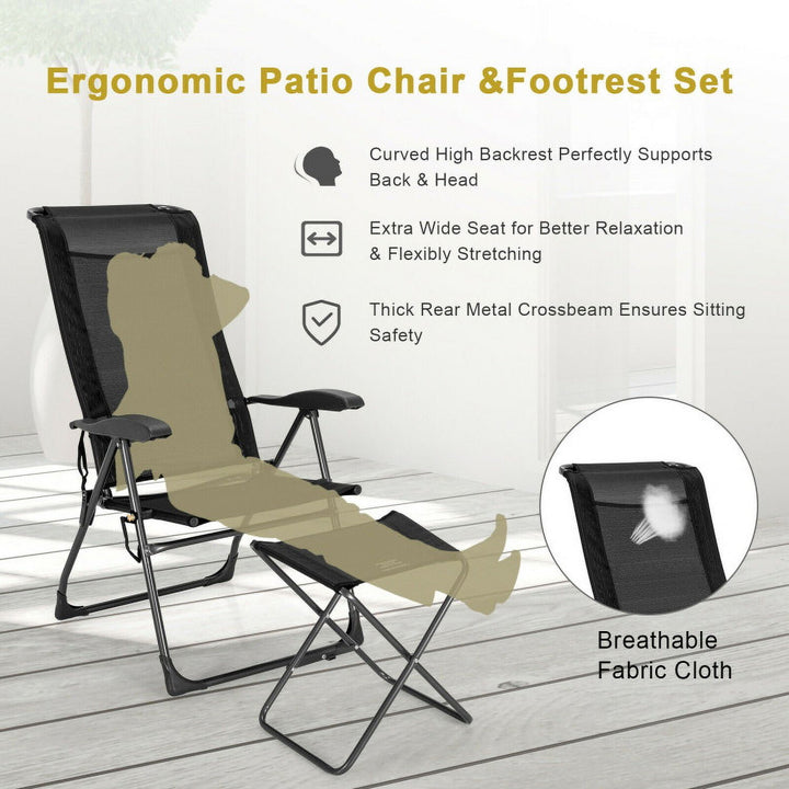 Hommoo 4 Pieces Patio Adjustable Back Folding Dining Chair Ottoman Set-Black, Outdoor Dining Chair for Outside Patio Image 4