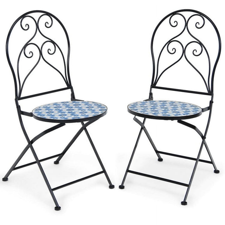 Hommoo 2 Pieces Patio Folding Mosaic Bistro Chairs with Blue Floral Pattern, Outdoor Dining Chair for Outside Patio Image 1