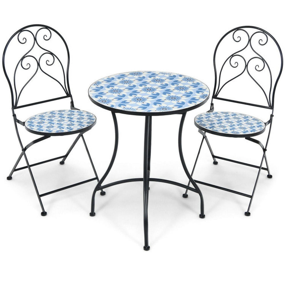 Hommoo 2 Pieces Patio Folding Mosaic Bistro Chairs with Blue Floral Pattern, Outdoor Dining Chair for Outside Patio Image 2