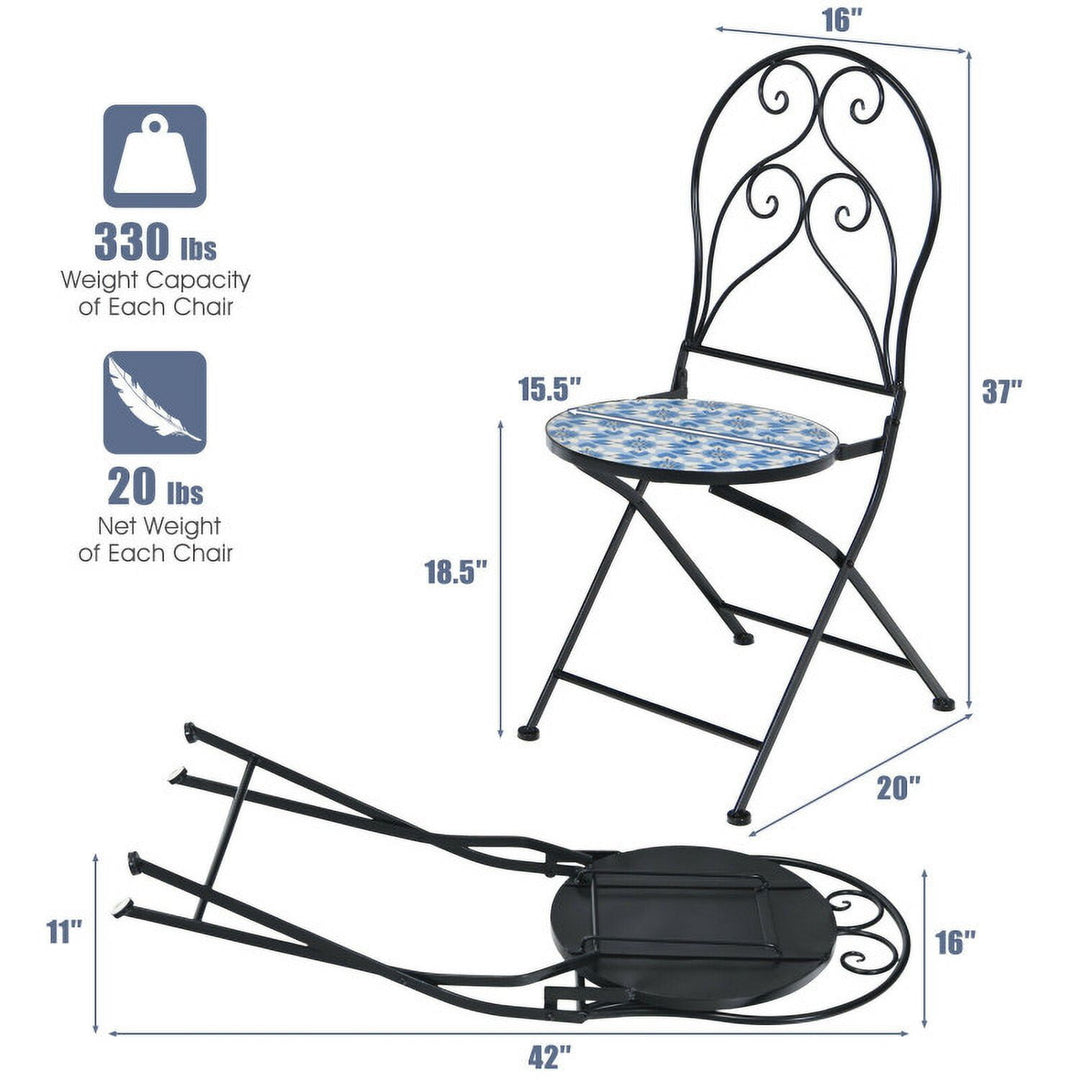 Hommoo 2 Pieces Patio Folding Mosaic Bistro Chairs with Blue Floral Pattern, Outdoor Dining Chair for Outside Patio Image 3