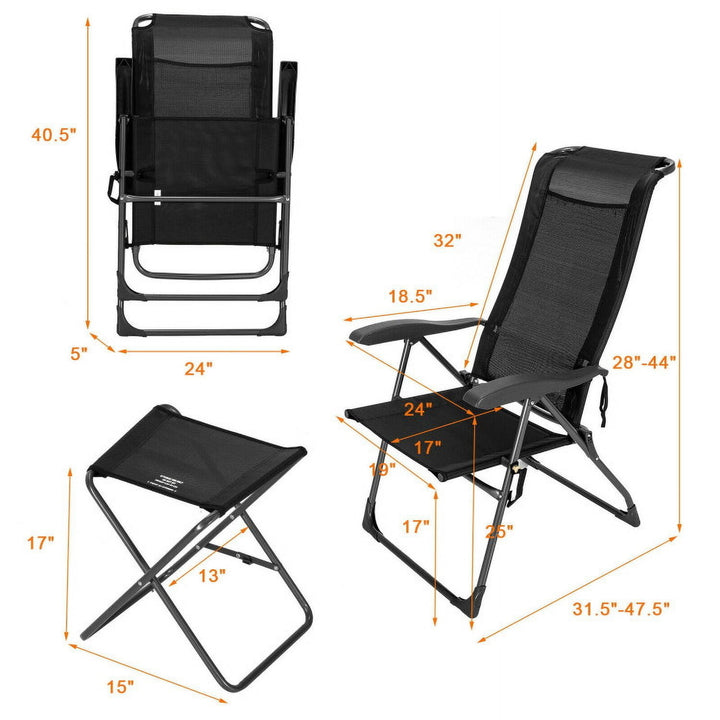 Hommoo 4 Pieces Patio Adjustable Back Folding Dining Chair Ottoman Set-Black, Outdoor Dining Chair for Outside Patio Image 7