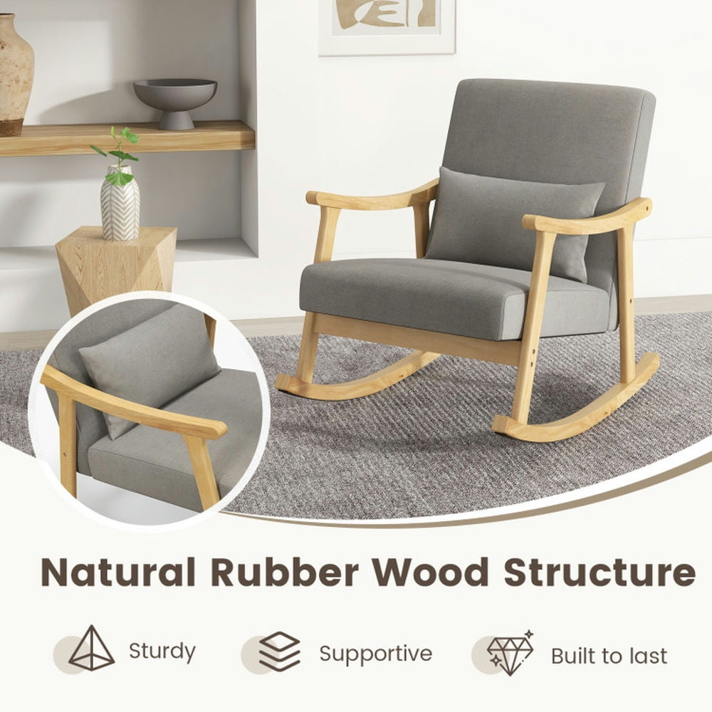 Hommoo Nursery Rocking Accent Chair with Rubber Wood Armrests-Natural, Modern Mid-Century Upholstered Living Room Chair Image 3