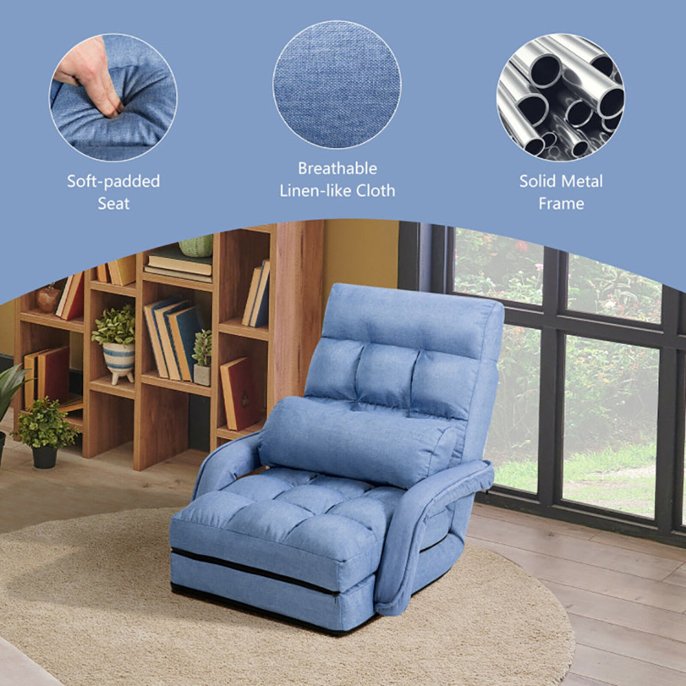 Hommoo Folding Lazy Floor Chair Sofa with Armrests and Pillow-Blue, Comfortable Armchair with Removable Seat Cushion, Image 2