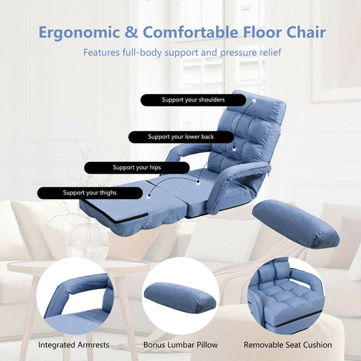 Hommoo Folding Lazy Floor Chair Sofa with Armrests and Pillow-Blue, Comfortable Armchair with Removable Seat Cushion, Image 5