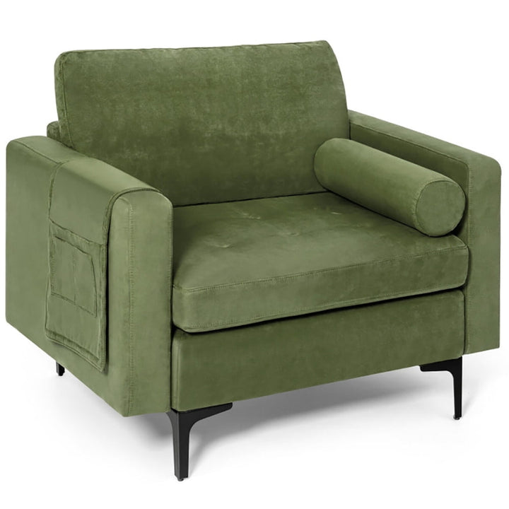 Hommoo Modern Accent Chair with Bolster and Side Storage Pocket-Army Green, Modern Mid-Century Upholstered Living Room Image 1