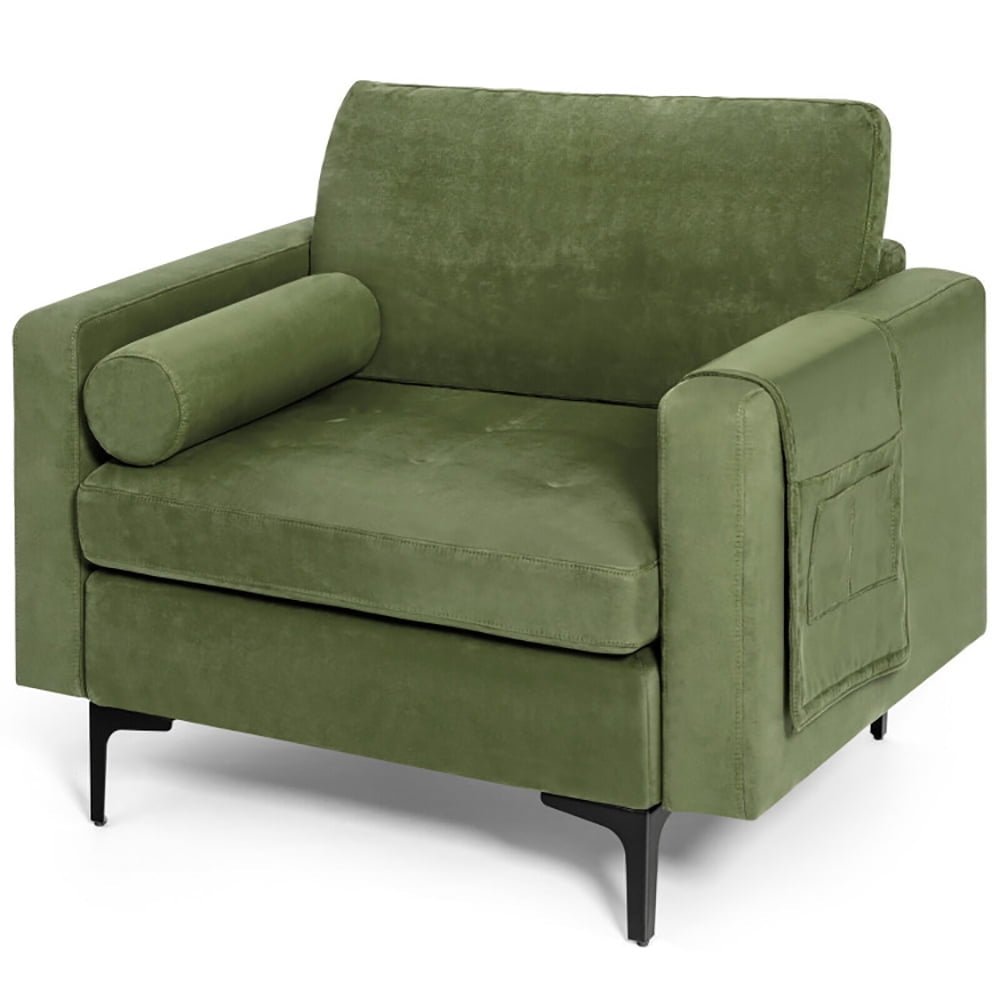 Hommoo Modern Accent Chair with Bolster and Side Storage Pocket-Army Green, Modern Mid-Century Upholstered Living Room Image 3